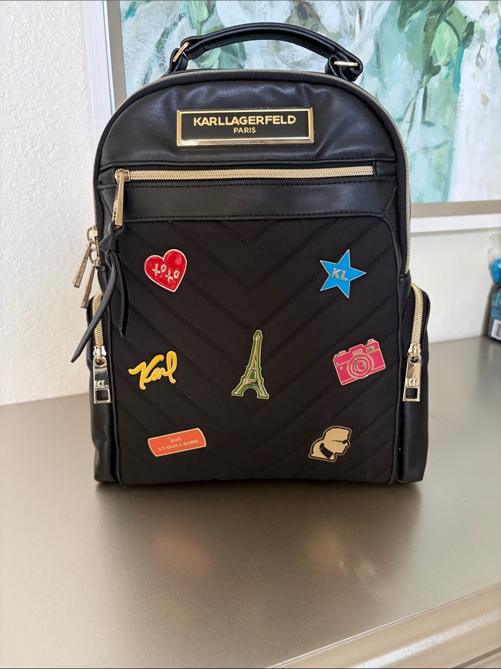 Karl Lagerfeld Black Quilted Backpack with Colorful Enamel Patches